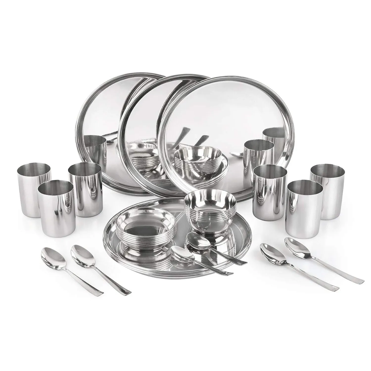 3157 36 Pcs Stainless Steel Kitchen Dinner Set (6 Thali set, 12 Bowl, 6 Pudding Plate, 6 Glass, 6 Spoon)