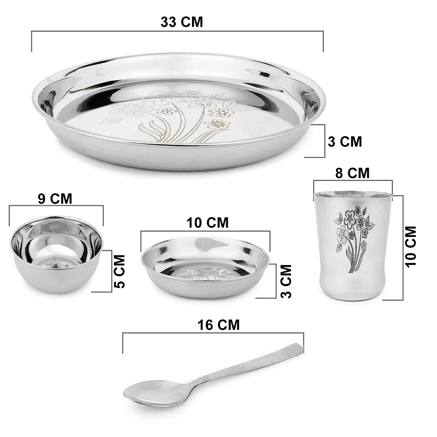 3157 36 Pcs Stainless Steel Kitchen Dinner Set (6 Thali set, 12 Bowl, 6 Pudding Plate, 6 Glass, 6 Spoon)