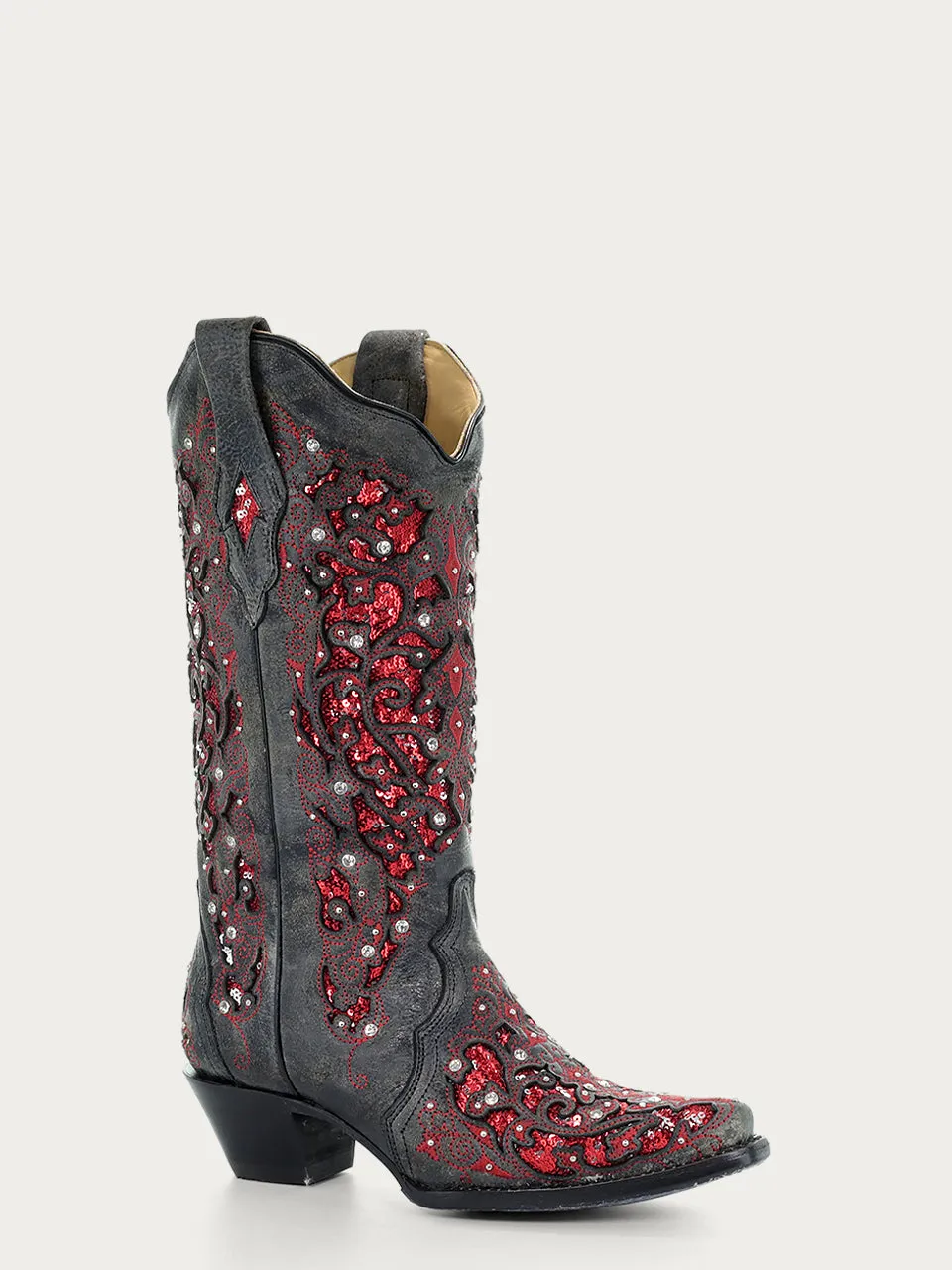 A3534 - WOMEN'S RED SEQUIN INLAY FLORAL OVERLAY WITH CRYSTALS AND STUDS SNIP TOE BLACK COWBOY BOOT