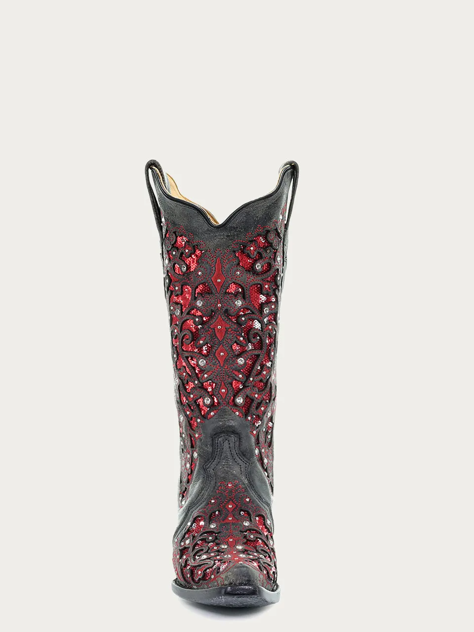 A3534 - WOMEN'S RED SEQUIN INLAY FLORAL OVERLAY WITH CRYSTALS AND STUDS SNIP TOE BLACK COWBOY BOOT