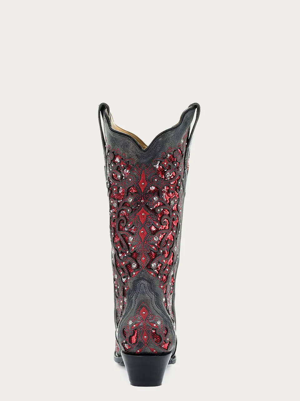 A3534 - WOMEN'S RED SEQUIN INLAY FLORAL OVERLAY WITH CRYSTALS AND STUDS SNIP TOE BLACK COWBOY BOOT