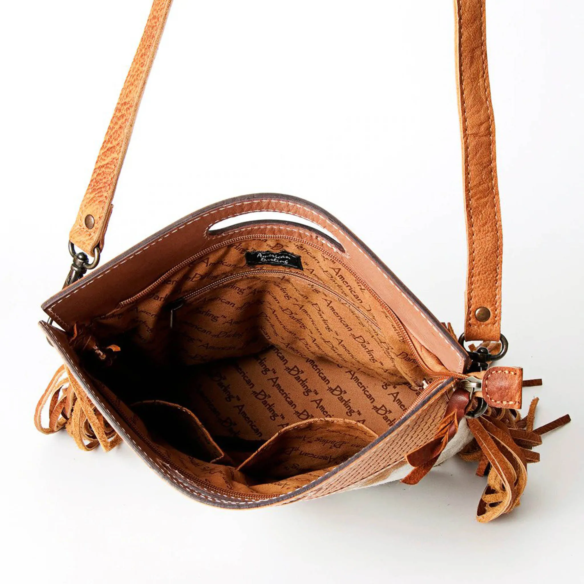 American Darling Brown & White Hide Tooled with Fringe Purse