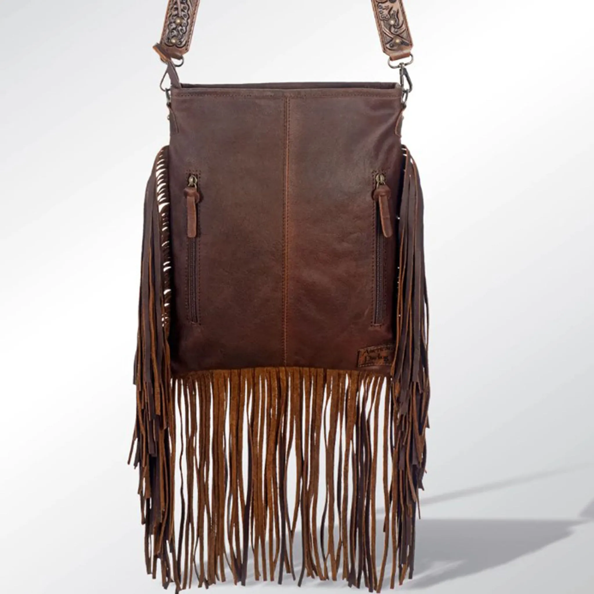 American Darling Conceal Carry Brown Tooled Hide Fringe Bag