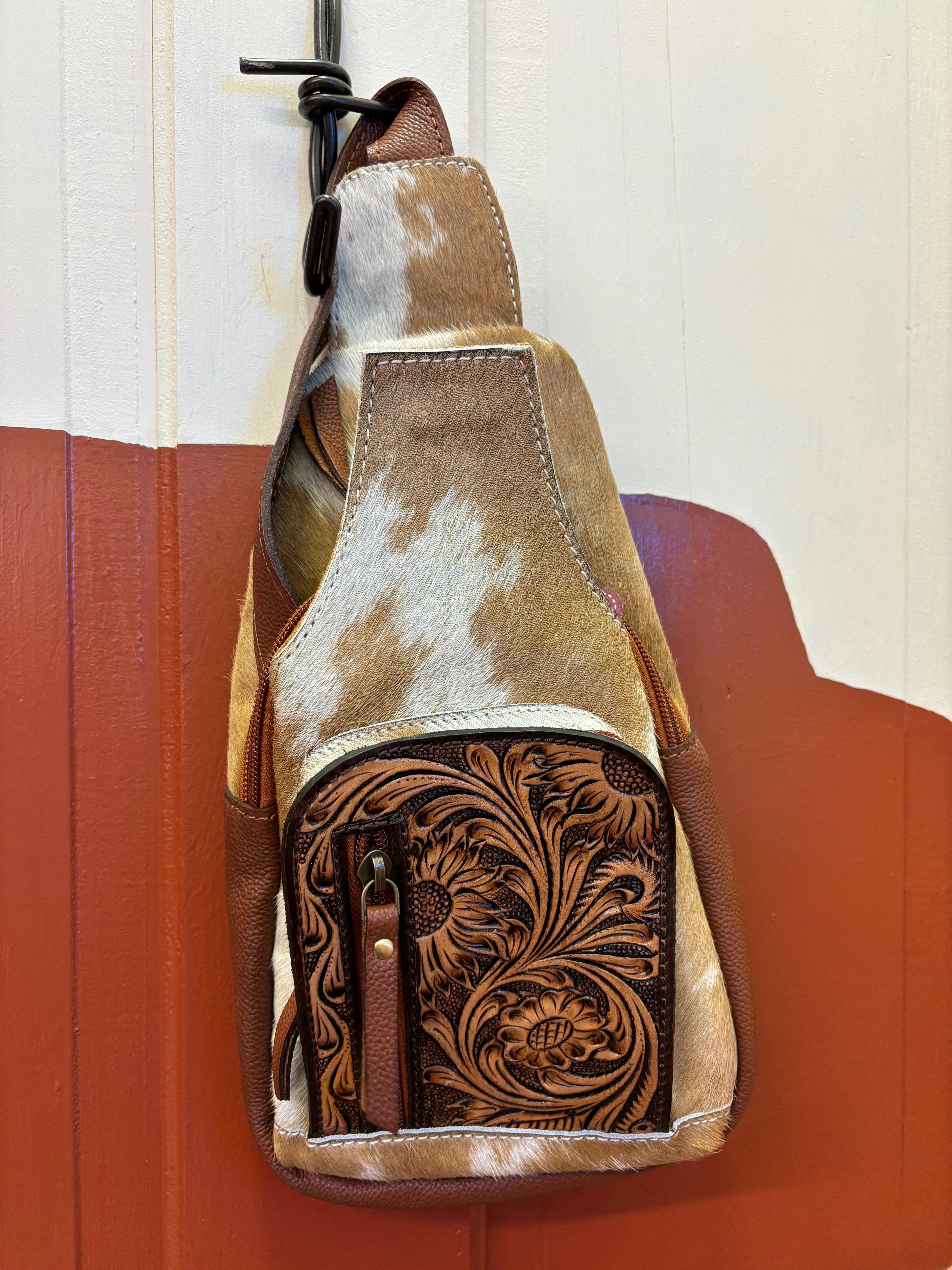 American Darling Genuine Tooled Leather Cowhide Hair-On Sling Crossbody Purse ADBGA580