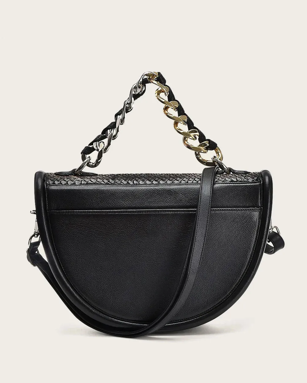 Black semicircular top handle handbag