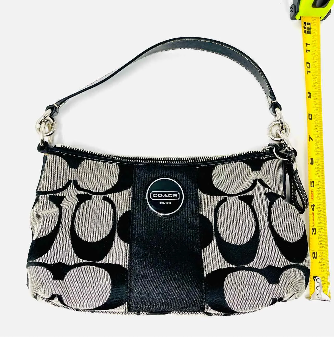 Coach Black/Gray Shoulder Bag Signature Fabric/Leather AS IS Designer Purse