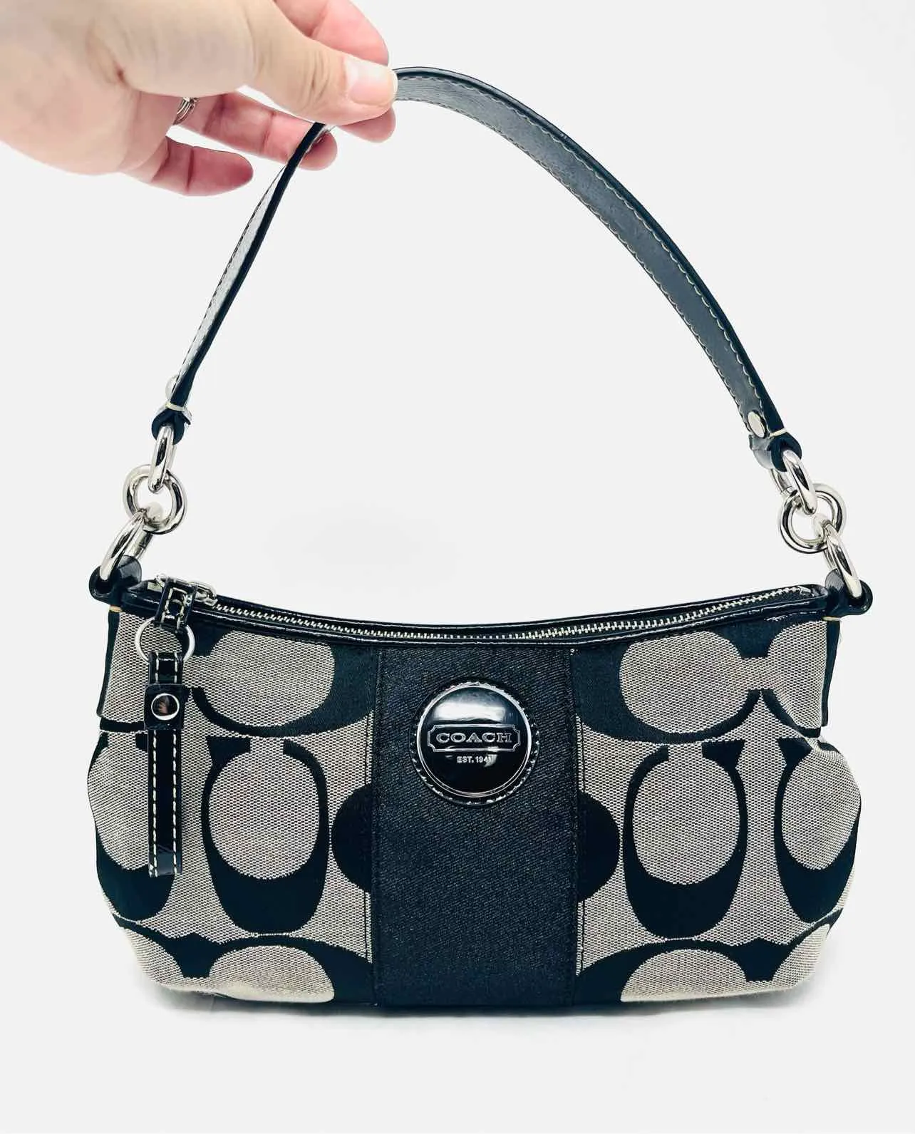 Coach Black/Gray Shoulder Bag Signature Fabric/Leather AS IS Designer Purse