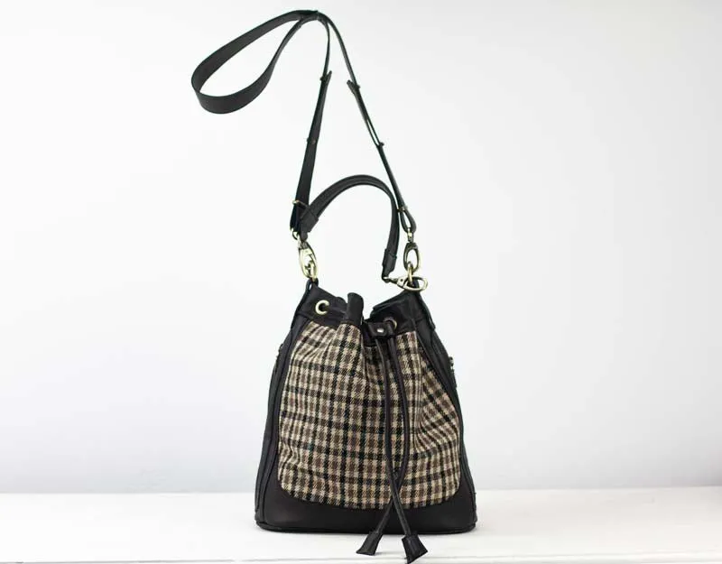 Danae bag - Black leather and plaid wool