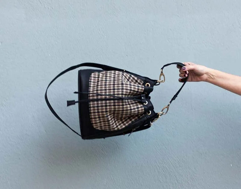 Danae bag - Black leather and plaid wool