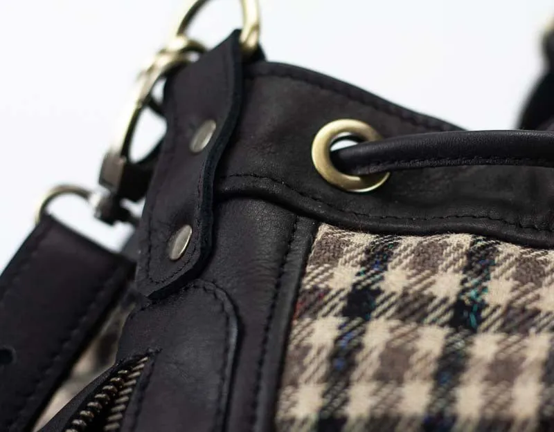 Danae bag - Black leather and plaid wool