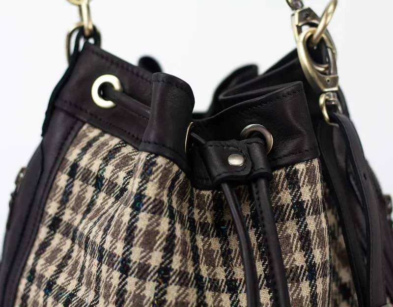 Danae bag - Black leather and plaid wool