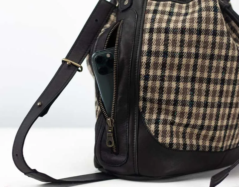 Danae bag - Black leather and plaid wool