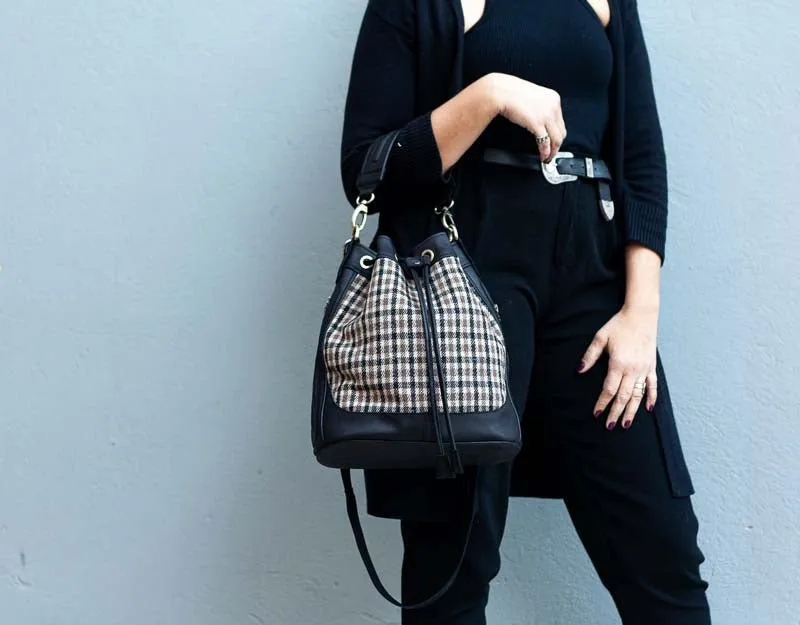 Danae bag - Black leather and plaid wool