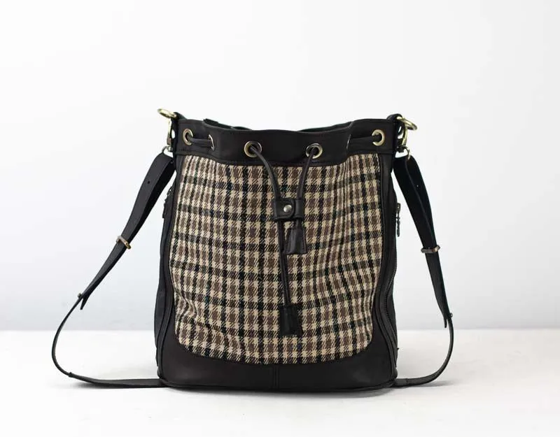 Danae bag - Black leather and plaid wool