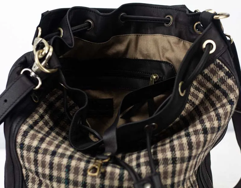 Danae bag - Black leather and plaid wool