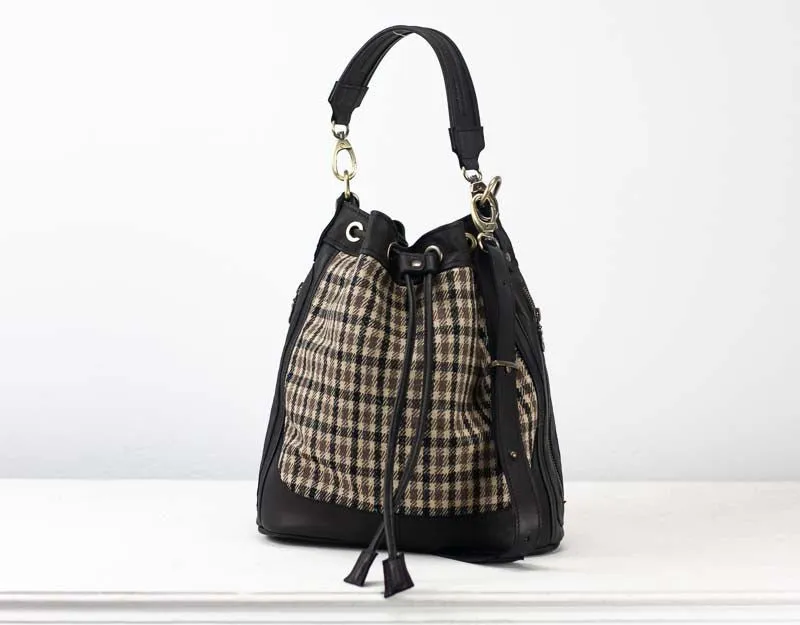 Danae bag - Black leather and plaid wool