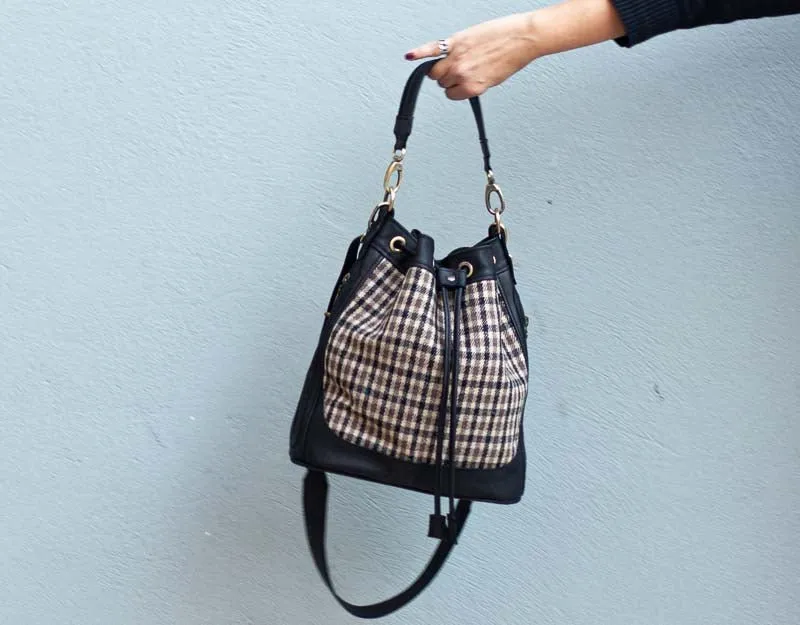 Danae bag - Black leather and plaid wool