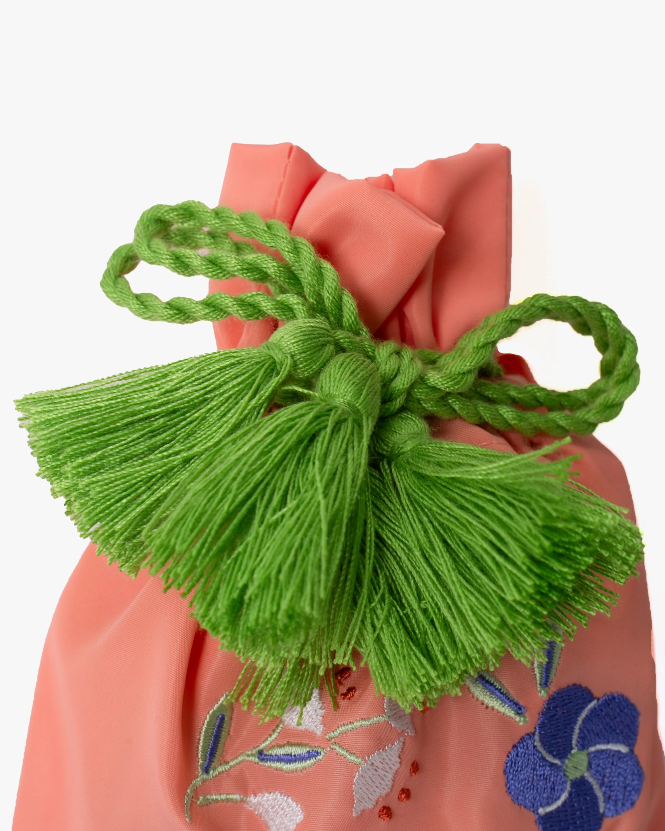 Embroidered Pouch, Bisque, Salmon Bird with Lime Green Tassels