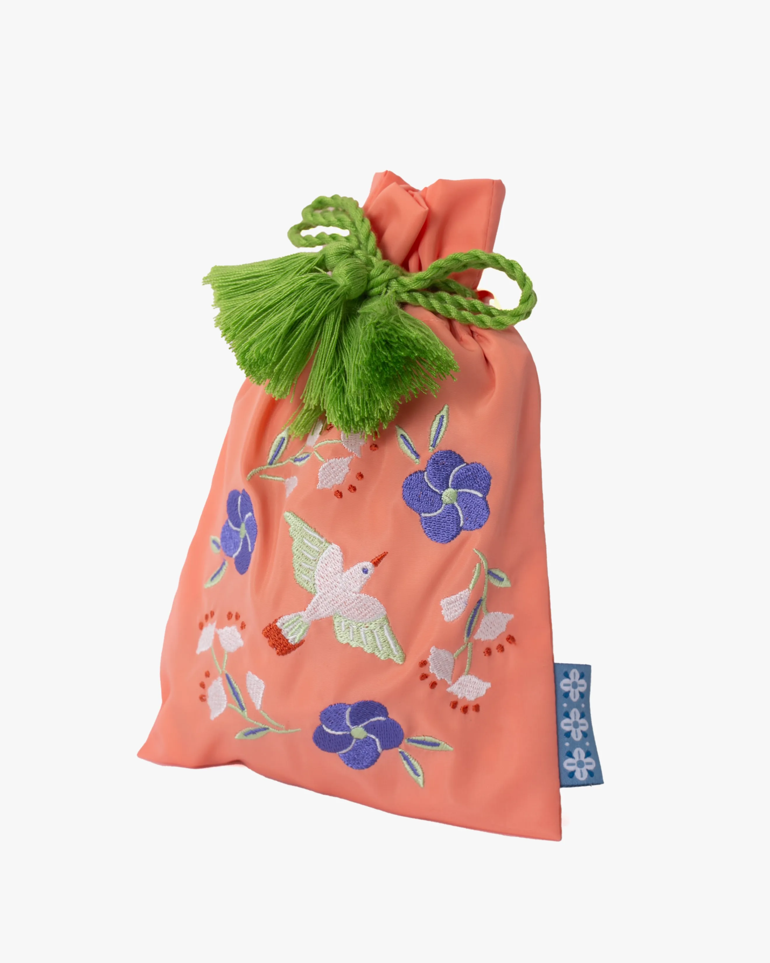 Embroidered Pouch, Bisque, Salmon Bird with Lime Green Tassels