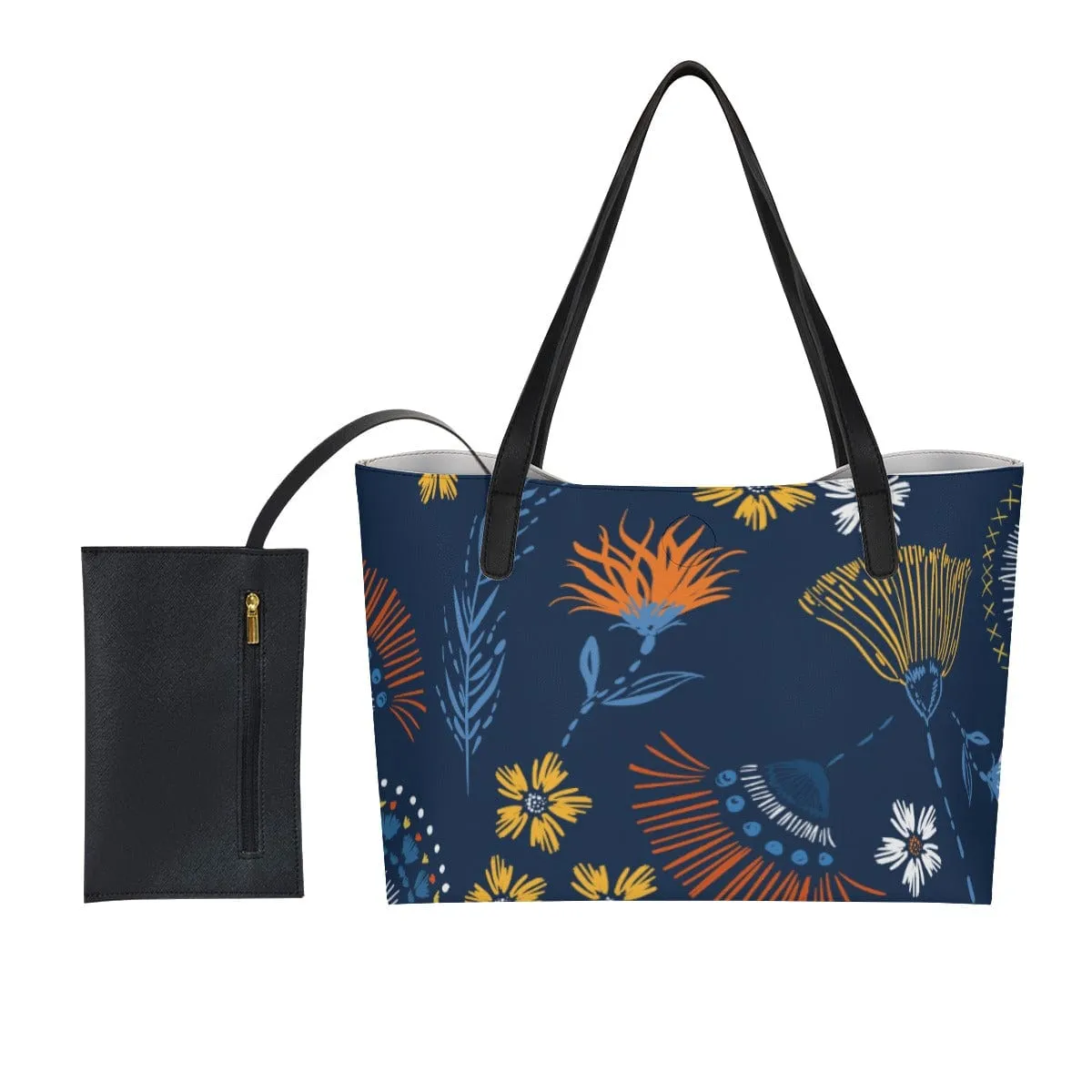 Floral Fusion Blue - Shopping Tote Bag With Black Mini Purse