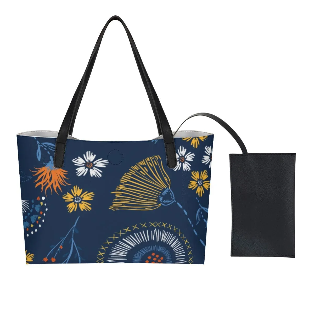 Floral Fusion Blue - Shopping Tote Bag With Black Mini Purse