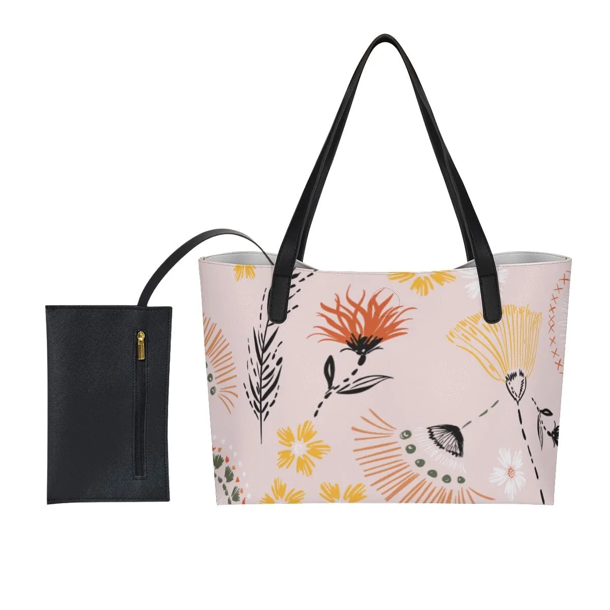 Floral Fusion Blush - Shopping Tote Bag With Black Mini Purse