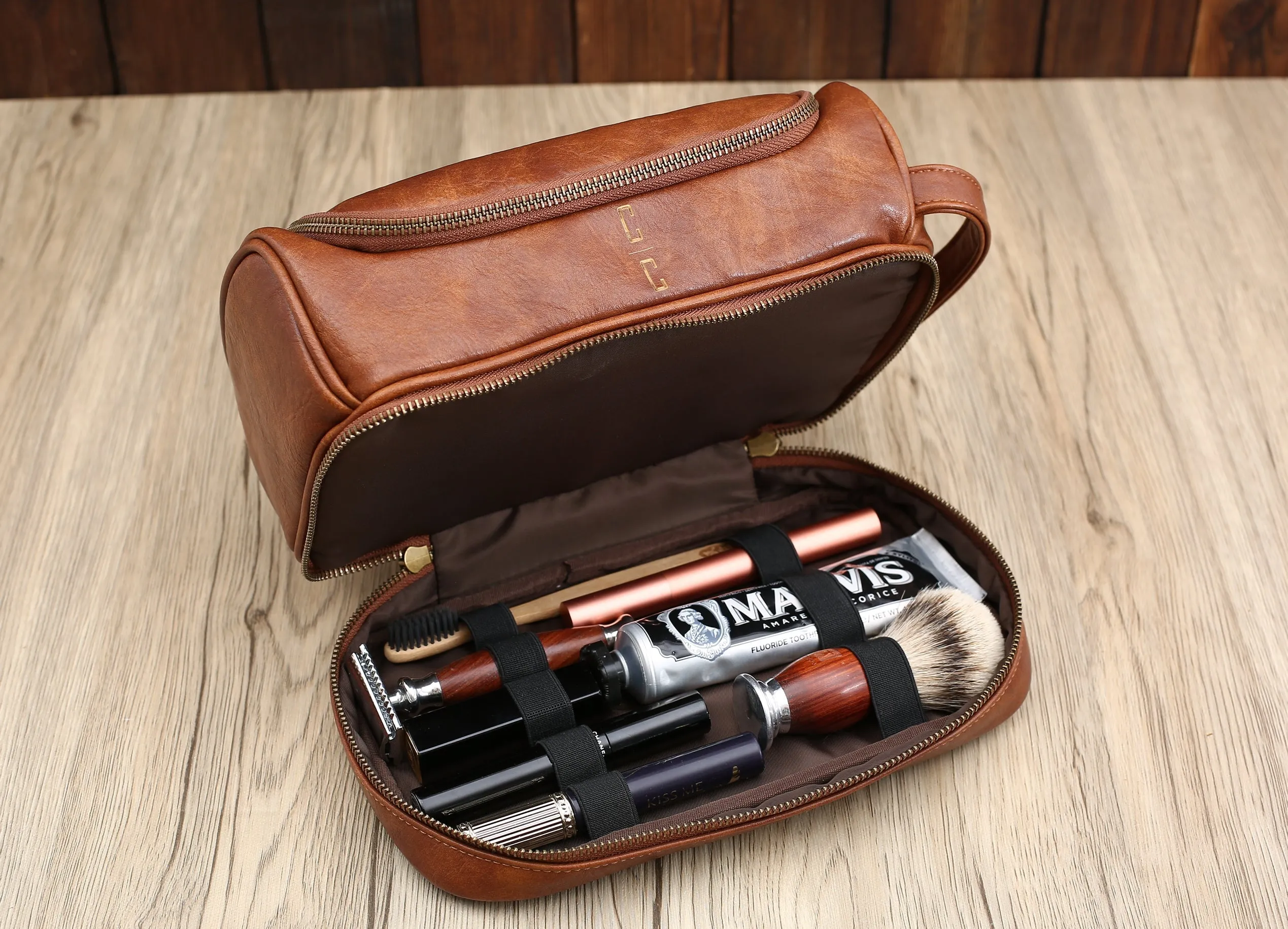 Personalised Hanging Wash Bag, PU Leather Groomsmen Gifts, Toiletry Bag