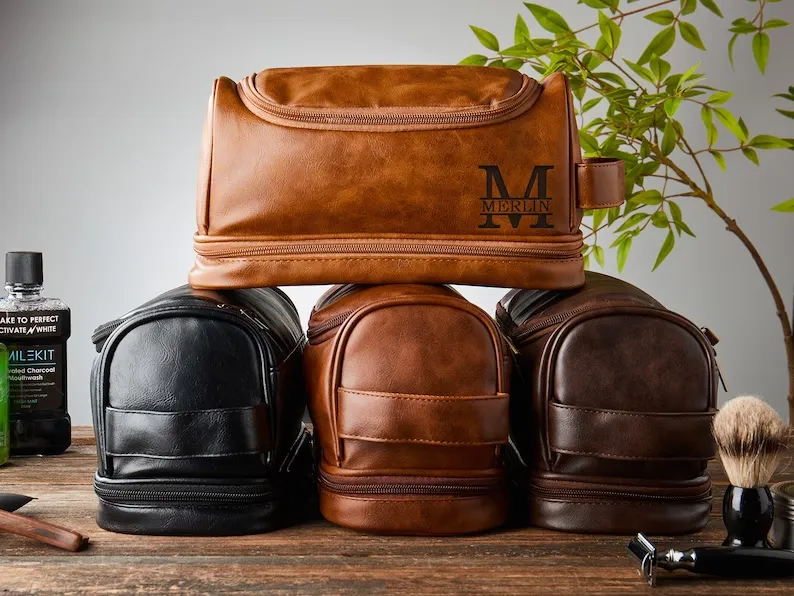 Personalized Hanging On Toiletry Bag, Groomsmen Gifts, Gifts For Men, PU Leather Dopp Kit