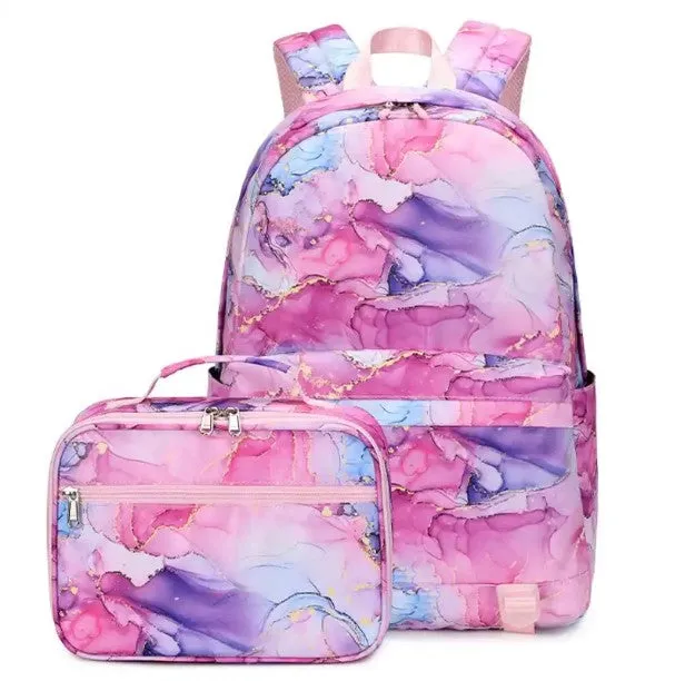 Pink Marble School Bag Backpack and Lunch Bag