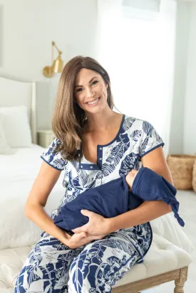 Serra Nursing Pajamas & Navy Blue Newborn Swaddle Blanket Set