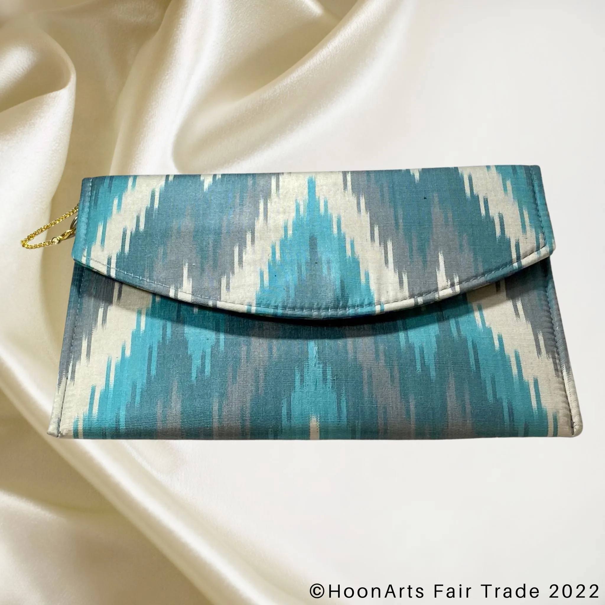 Turquoise & Grey Arrow Ikat Clutch