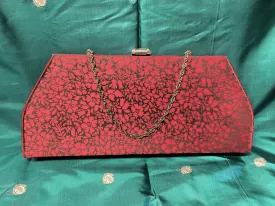 Vintage 50s/60s Red & Black Flocked Clutch Handbag   Chain Strap